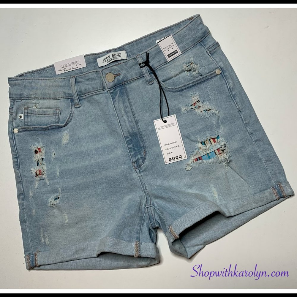 Judy Blue High Rise Cuffed Serape Patch Light Wash Destroyed shorts